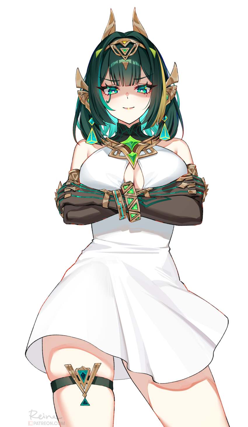 1girl absurdres alternate_costume bare_shoulders black_gloves breasts center_opening closed_mouth commentary crossed_arms dress earpiece earrings elbow_gloves facial_mark foxyreine genshin_impact gloves green_eyes green_hair headgear highres jewelry large_breasts looking_at_viewer mark_under_eye medium_hair mole mole_under_eye nefer_(genshin_impact) partially_shaded_face signature simple_background smile solo symbol-shaped_pupils thigh_strap thighs triangle-shaped_pupils white_background white_dress
