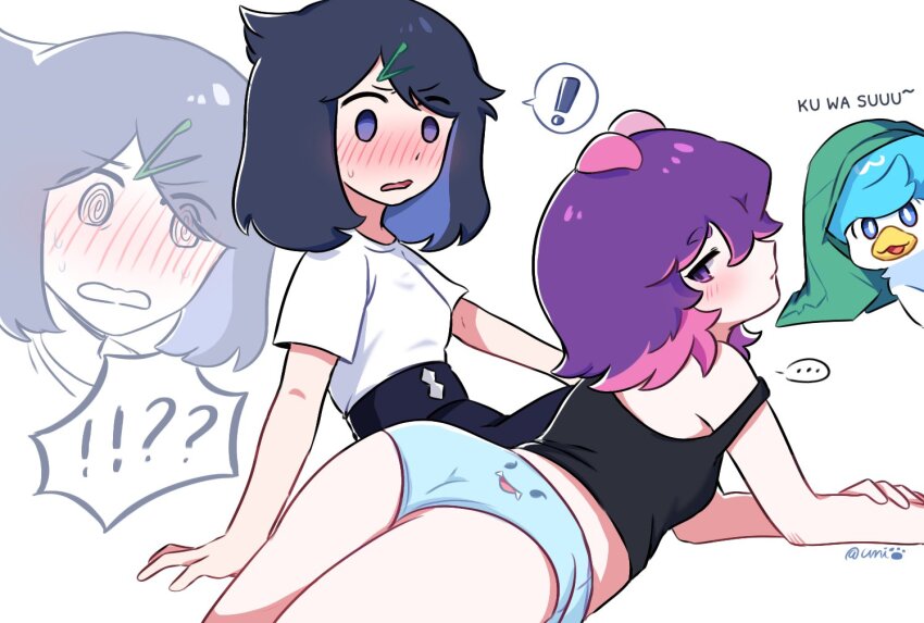 ! ... 2girls @_@ ass black_hair black_pants black_tank_top blue_eyes blue_panties blush breasts character_print colored_inner_hair commentary dot_(pokemon) hashtag-only_commentary high-waist_pants liko_(pokemon) looking_back lying multicolored_hair multiple_girls ni12345670 nidothing nintendo on_stomach panties pants pink_hair pokemon pokemon_(anime) pokemon_(creature) pokemon_horizons purple_eyes purple_hair quaxly signature small_breasts spoken_ellipsis spoken_exclamation_mark strap_slip streaked_hair tank_top taric two-tone_hair underwear