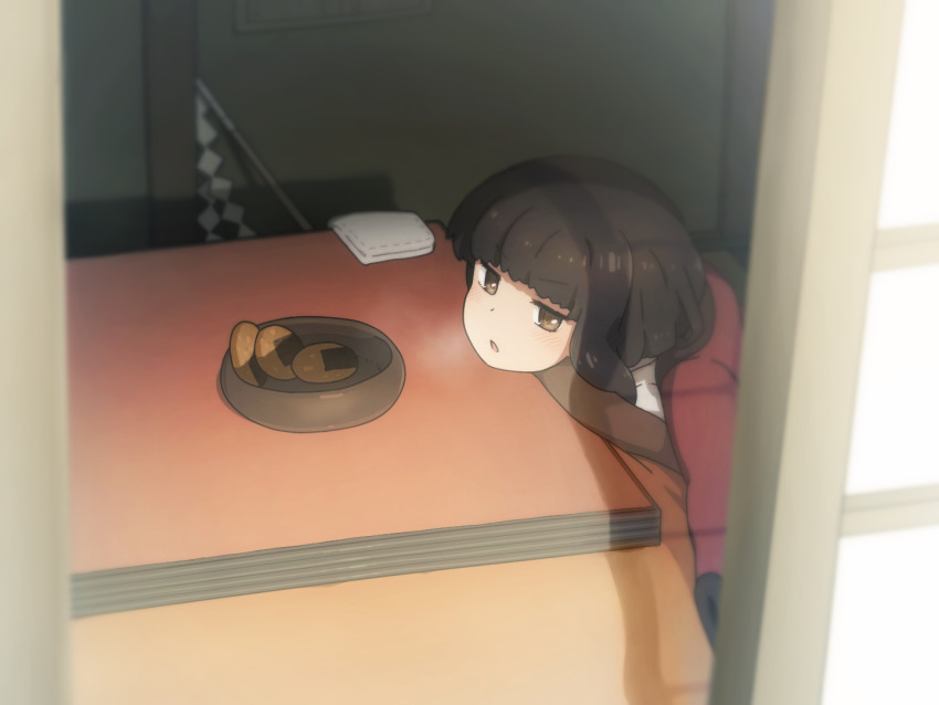 1girl alternate_costume blurry breath brown_eyes brown_hair commentary_request depth_of_field dotera_(clothes) food gohei hair_tubes hakurei_reimu kotatsu long_hair looking_at_viewer no_hair_bow open_mouth senbei shirosato shouji sliding_doors solo table touhou under_kotatsu under_table