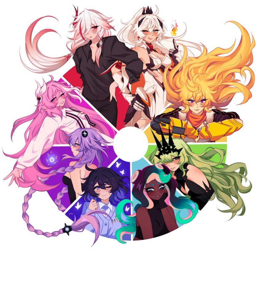 6+girls aqua_hair black_dress black_hair black_leotard black_shirt black_tiara blonde_hair blue_eyes blue_hair blue_shirt breasts character_request choujigen_game_neptune cleavage color_wheel_challenge commentary copyright_request dark-skinned_female dark_skin dress elysia_(herrscher_of_human:_ego)_(honkai_impact) elysia_(honkai_impact) english_commentary fire fu_hua fu_hua_(phoenix) green_hair highres honkai_(series) honkai_impact_3rd jacket kiana_kaslana kiana_kaslana_(herrscher_of_flamescion) leotard long_braid long_hair medium_breasts minxinq mobius_(honkai_impact) multicolored_hair multiple_drawing_challenge multiple_girls neptune_(neptunia) neptune_(series) official_alternate_costume one_eye_closed pink_hair purple_eyes purple_hair purple_heart_(neptunia) red_hair rwby seele_vollerei seele_vollerei_(herrscher_of_rebirth) shirt tiara two-tone_hair white_background white_hair white_shirt yang_xiao_long yellow_jacket