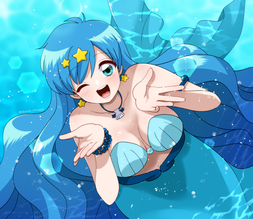 1girl armlet bikini bikini_top_only blue_background blue_bikini blue_hair blush bracelet breasts cleavage collarbone don_(748826) earrings fins fish_girl fish_tail green_eyes hair_ornament highres houshou_hanon houshou_hanon_(mermaid) jewelry large_breasts looking_at_viewer mermaid mermaid_melody_pichi_pichi_pitch midriff monster_girl navel necklace one_eye_closed open_mouth seashell shell shell_bikini smile star_(symbol) star_earrings star_hair_ornament swimsuit tail teeth underwater