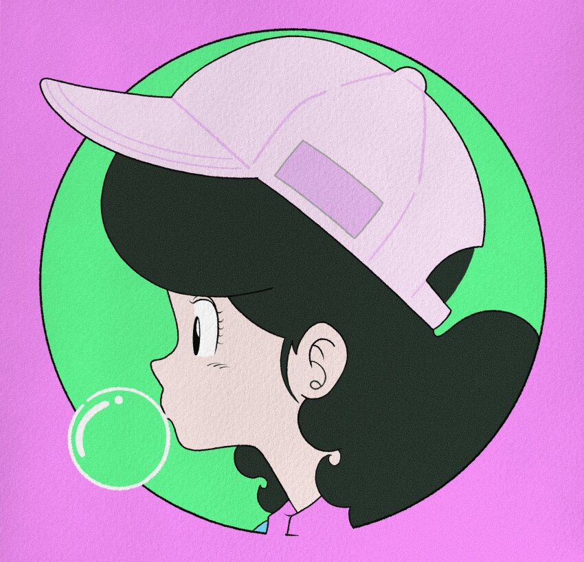 1girl baseball_cap black_eyes black_hair chewing_gum circle dragon_ball dragon_ball_(classic) hat highres lunch_(dragon_ball) portrait procreate_(medium) solo wesatinthecar