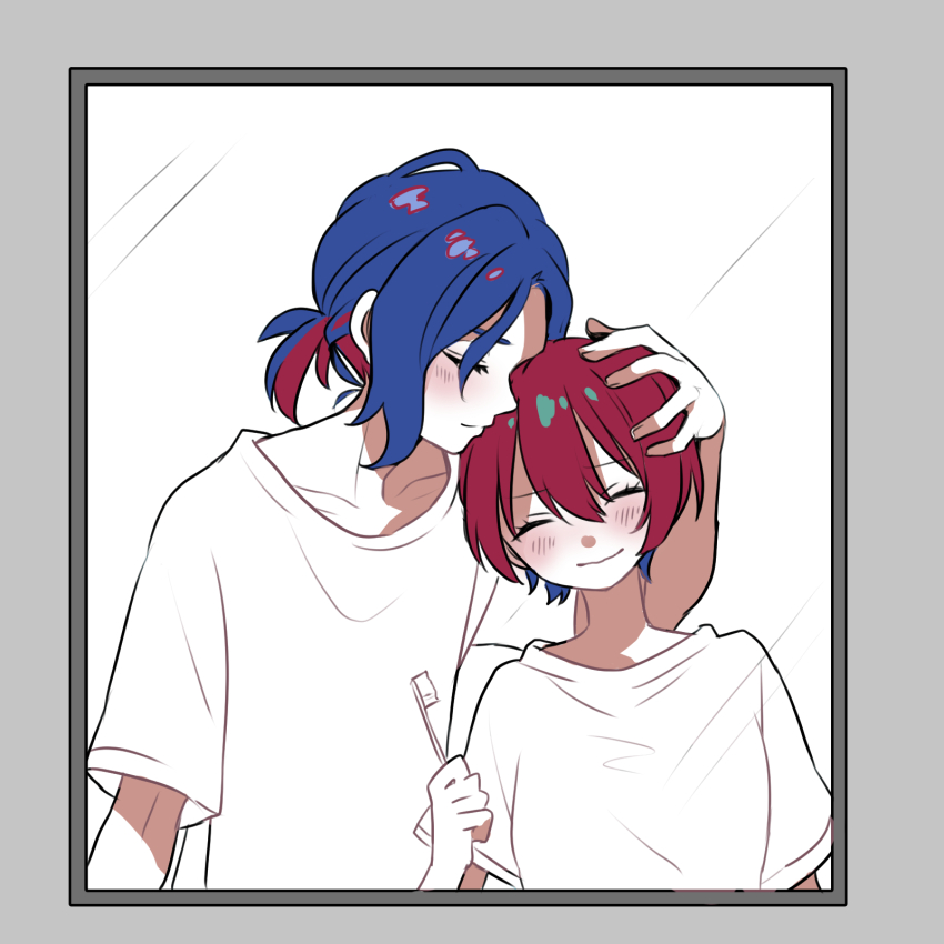 1boy 1girl amate_yuzuriha ando_chi blue_hair blush breasts closed_mouth colored_inner_hair couple gundam gundam_gquuuuuux hetero highres holding holding_toothbrush mirror multicolored_hair ponytail purple_hair red_hair reflection shirt short_hair short_sleeves shuji_ito smile toothbrush two-tone_hair upper_body white_shirt