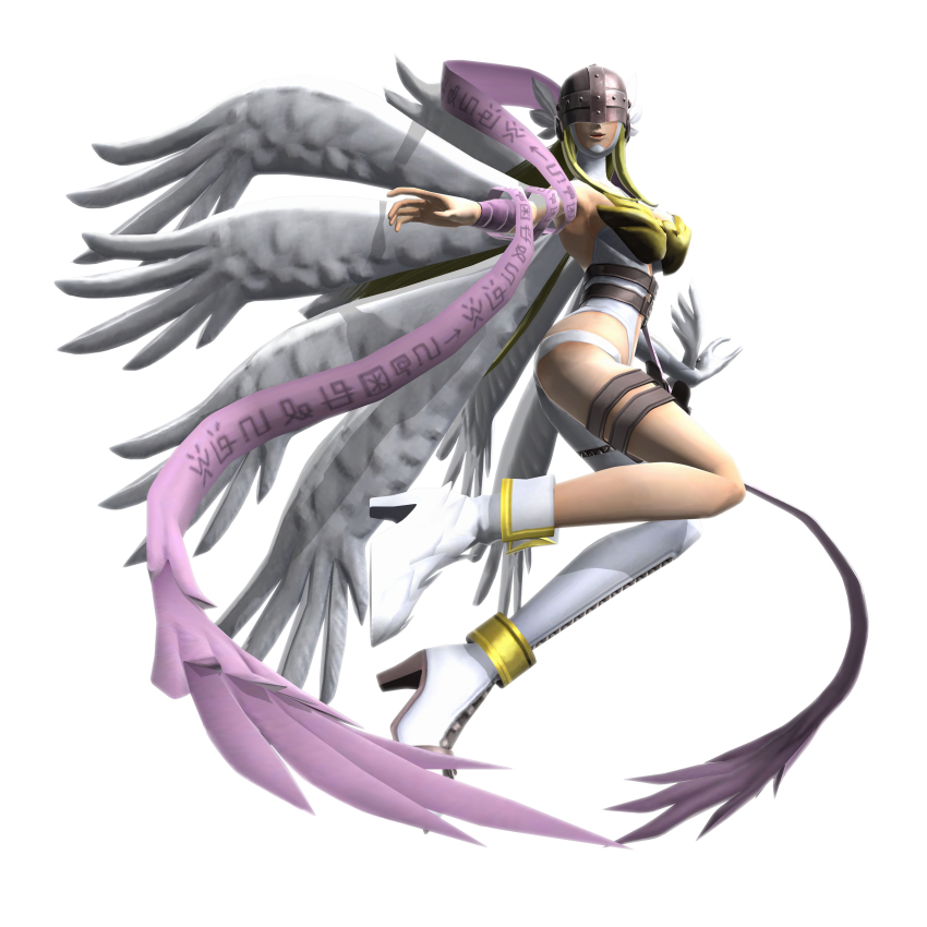 3d absurdres angel angewomon anklet armor ass asymmetrical_clothes belt blonde_hair boots breastplate digimon elbow_gloves gloves head_wings helmet high_heel_boots high_heels highres jewelry long_hair long_legs mask monster_girl multiple_belts official_art ribbon single_elbow_glove single_pantsleg wings
