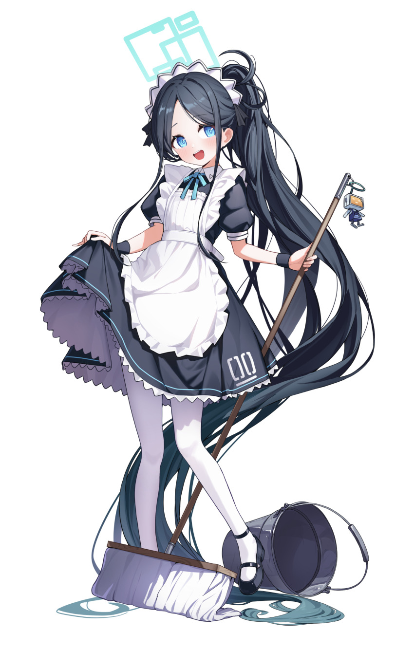 1girl absurdly_long_hair apron aris_(blue_archive) aris_(maid)_(blue_archive) black_dress black_hair black_shoes blue_archive blue_eyes blue_halo blush bucket dress frilled_apron frills full_body gyool halo highres kei_(robot)_(blue_archive) long_hair maid maid_apron maid_headdress mop official_alternate_costume open_mouth pantyhose ponytail puffy_short_sleeves puffy_sleeves shoes short_sleeves simple_background smile solo very_long_hair white_apron white_background white_pantyhose