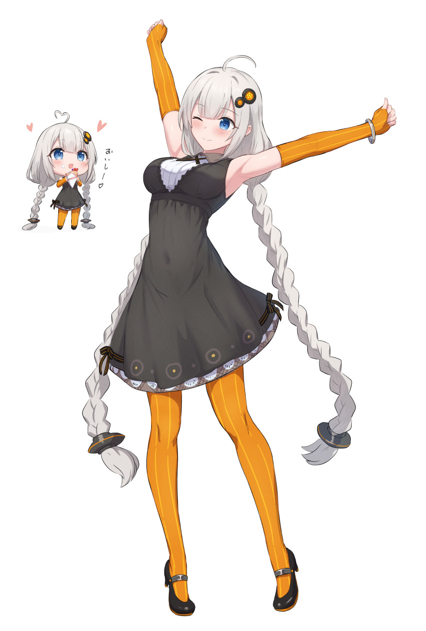 1girl absurdres ahoge armpits blue_eyes braid breasts chibi chibi_inset covered_navel crepe elbow_gloves fingerless_gloves food gloves highres holding holding_crepe holding_food kizuna_akari large_breasts long_hair one_eye_closed ruttse sleeveless stretching translated twin_braids very_long_hair voiceroid white_background