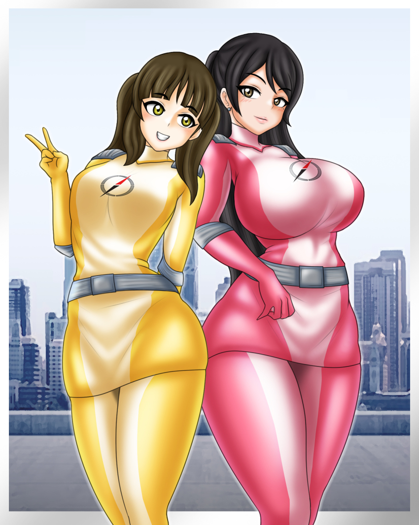 2girls black_hair bodysuit brown_eyes brown_hair gogo_sentai_boukenger hazel_eyes highres mamiya_natsuki multiple_girls nishihori_sakura no_headwear olive_eyes pin_up super_sentai treezero