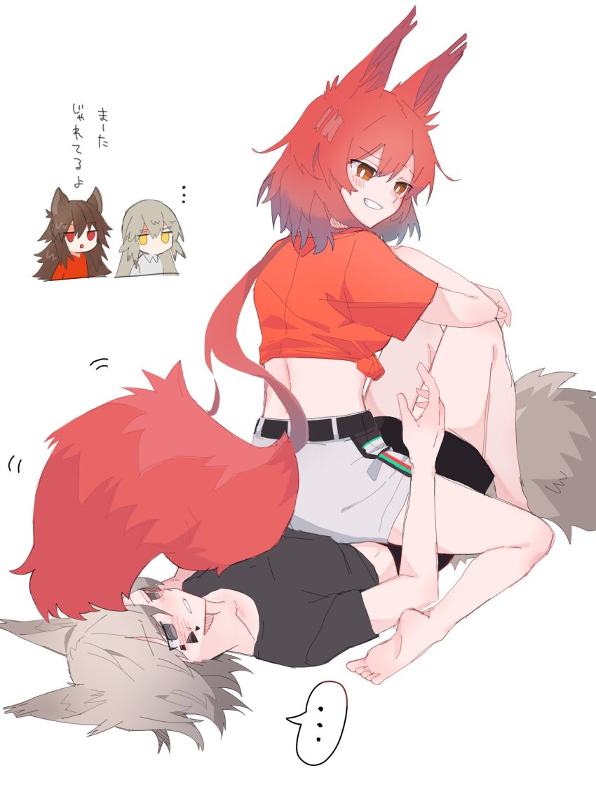 ... 4girls arknights ashlock_(arknights) barefoot belt black_belt black_shirt black_shorts blush bright_pupils brown_hair collarbone commentary_request crop_top crossed_arms embarrassed fartooth_(arknights) flametail_(arknights) flametail_(sport_for_all)_(arknights) girl_on_top grey_eyes grey_hair grey_shirt grey_shorts grey_tail grin hair_between_eyes highres long_hair material_growth median_furrow medium_hair motion_lines multiple_girls no_mouth no_nose orange_eyes orange_shirt oripathy_lesion_(arknights) red_eyes red_hair red_shirt red_tail shirt short_sleeves shorts simple_background sitting sitting_on_person smile soles spoken_ellipsis t-shirt tail tied_shirt toto_(t0t00629) turning_head white_background white_pupils wild_mane_(arknights) yellow_eyes yuri
