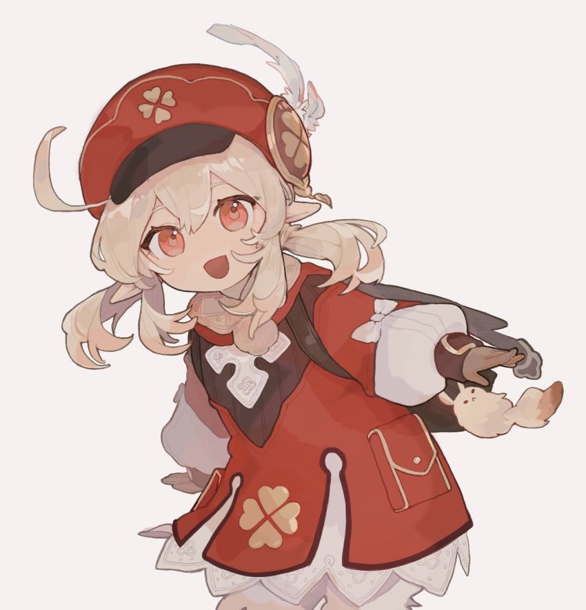 1girl :d ahoge alternate_color_school_swimsuit backpack bag bag_charm beige_background bloomers brown_gloves cabbie_hat charm_(object) clover_print coat commentary_request dodoco_(genshin_impact) genshin_impact gloves hair_between_eyes hat hat_feather hat_ornament highres klee_(genshin_impact) leaning_forward light_brown_hair long_hair long_sleeves looking_at_viewer low_twintails mogomaco open_mouth orange_eyes outstretched_arms pocket pointy_ears randoseru red_coat red_hat school_swimsuit sidelocks simple_background smile solo spread_arms stuffed_animal stuffed_toy swimsuit twintails underwear