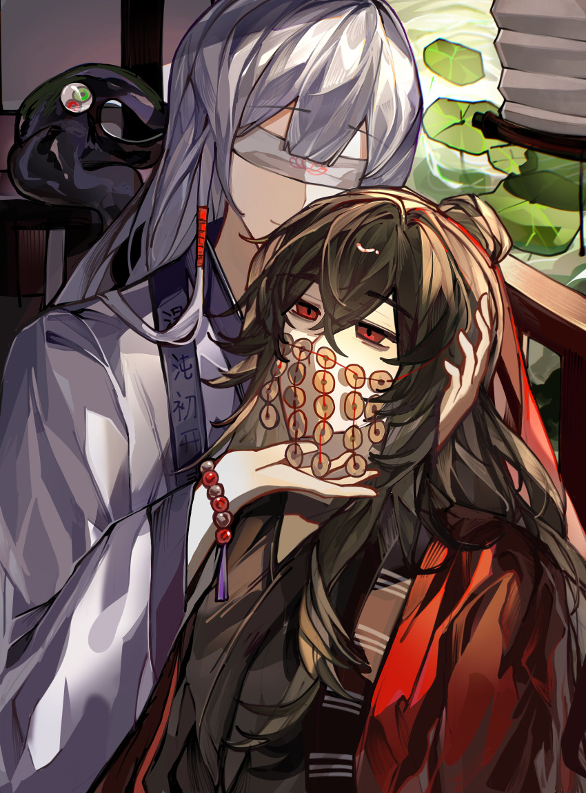 1boy 1girl absurdres bai_lingmiao bead_bracelet beads black_hair black_hanfu blindfold bracelet chinese_clothes chinese_commentary closed_mouth coat coin coin_mask covered_mouth creature dao_gui_yi_xian eyeball hair_between_eyes hair_bun hair_ribbon hand_in_another&#039;s_hair hand_on_another&#039;s_chin hand_on_another&#039;s_head hanfu hetero highres holed_coin indoors jewelry li_huowang li_sui_(tentacles) long_hair long_sleeves looking_at_another lotus_leaf mask mouth_veil open_clothes open_coat railing red_coat red_eyes red_ribbon ribbon robe single_hair_bun sitting smile tassel tentacles upper_body veil water white_hair white_hanfu wide_sleeves window_blinds xinjinjumin540360473179