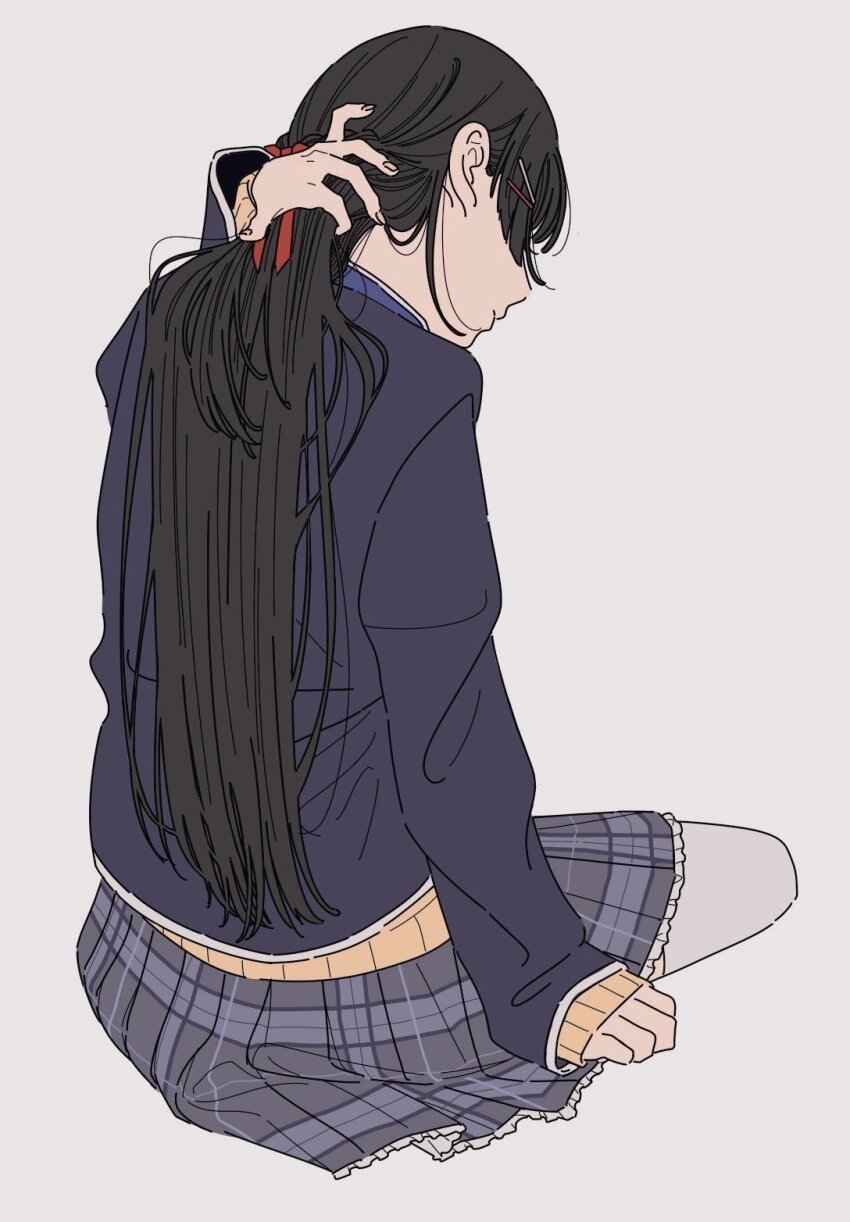 1girl black_hair black_jacket black_skirt brown_cardigan cardigan from_behind hair_ribbon hand_in_own_hair highres jacket kamatama_rom long_hair miniskirt nijisanji plaid_clothes plaid_skirt pleated_skirt ribbon school_uniform simple_background sitting skirt solo thighhighs tsukino_mito tsukino_mito_(1st_costume) virtual_youtuber white_background white_thighhighs