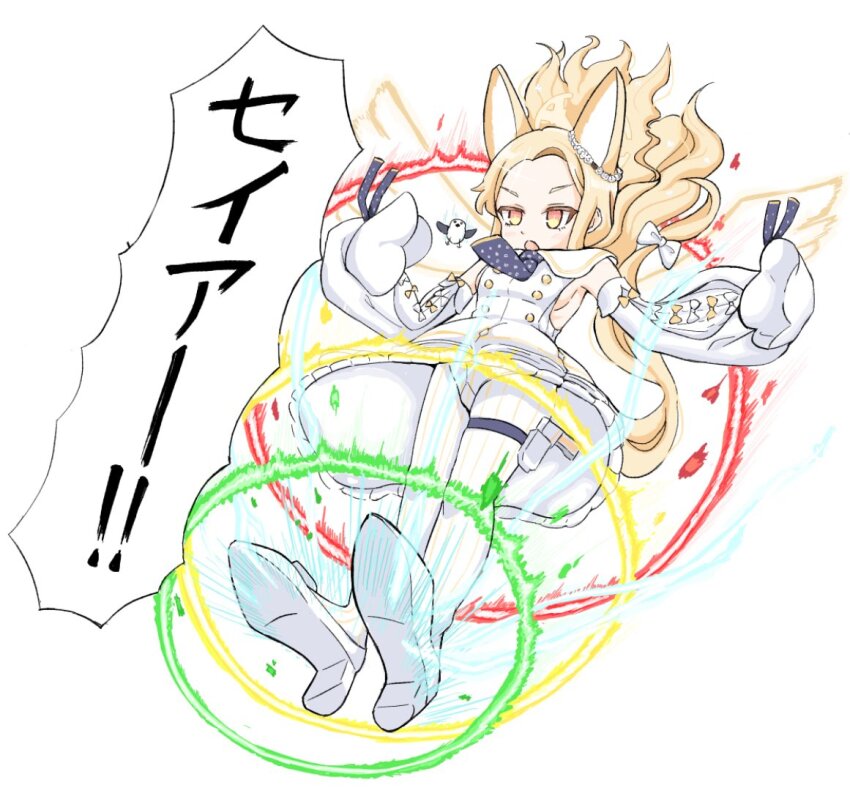 1girl animal_ear_fluff animal_ears armpits backless_dress backless_outfit bird blonde_hair blue_archive bow breasts commentary_request detached_sleeves dress drop_kick flower flying_kick forehead fox_ears fox_girl fox_tail frilled_dress frills gun hair_flower hair_ornament halo handgun high_heels holster kakochan kamen_rider kamen_rider_ooo_(series) kicking long_hair long_sleeves looking_at_viewer orange_eyes pantyhose parted_bangs ribbon rider_kick school_uniform seia_(blue_archive) sideboob sidelocks simple_background sleeves_past_fingers sleeves_past_wrists small_breasts speech_bubble tail tail_bow tail_ornament tail_ribbon thigh_holster thigh_strap tit_(bird) translation_request weapon white_background white_dress white_footwear white_pantyhose wide_sleeves