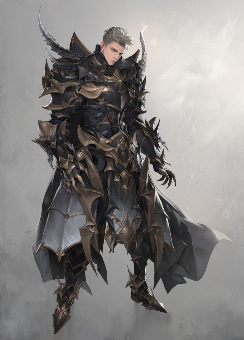 1boy absurdres armor armored_boots black_armor boots breastplate cape claw_(weapon) closed_mouth commentary english_commentary full_body gauntlets gift_art gold_trim grey_background grey_cape grey_eyes grey_hair highres jung_wonjo lips looking_at_viewer male_focus original pauldrons pelvic_curtain short_hair shoulder_armor solo spikes standing weapon