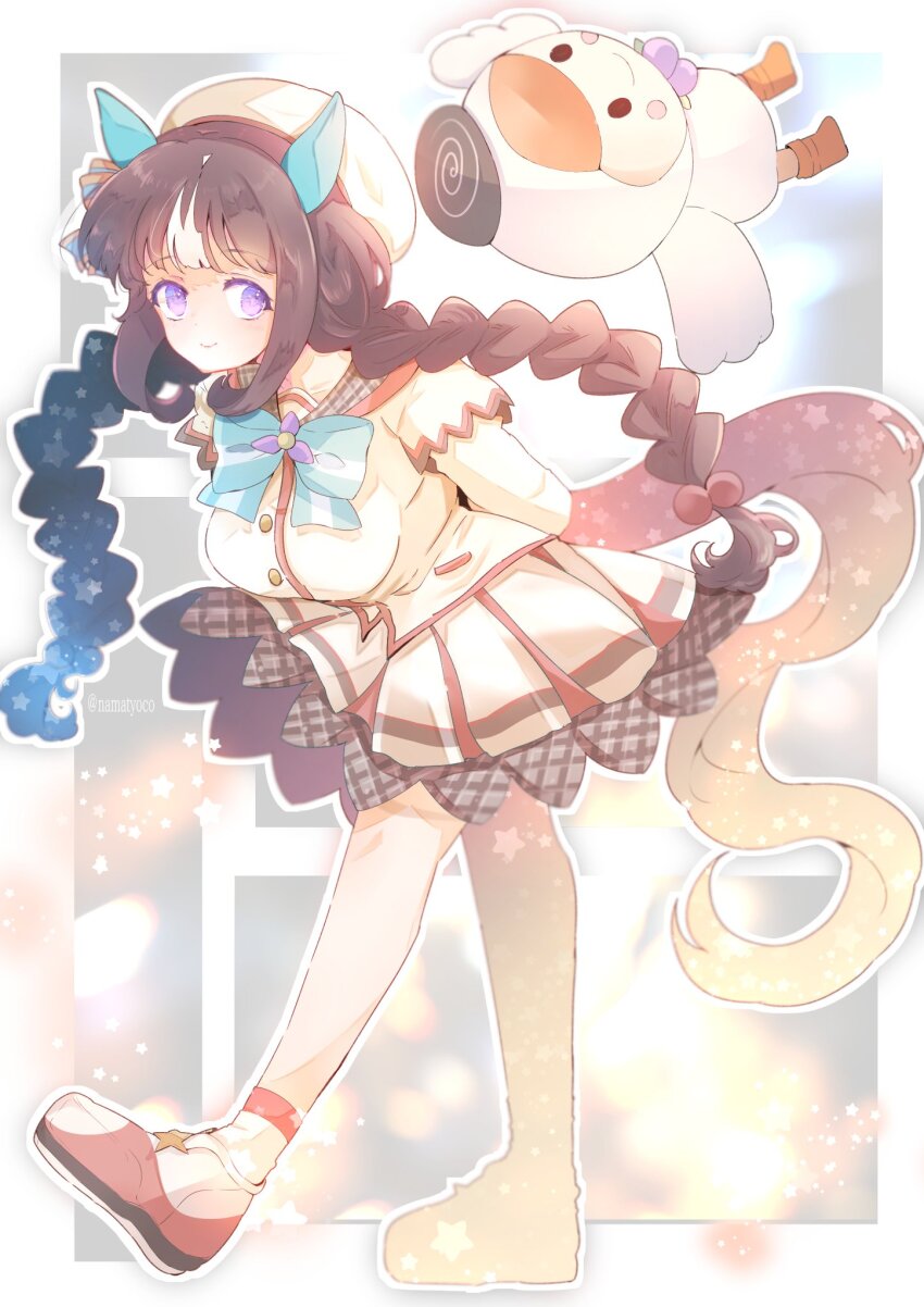 1girl arms_behind_back black_hair blue_bow blue_bowtie blunt_bangs bow bowtie braid breasts ear_covers from_side hat highres hokko_tarumae_(umamusume) horse_girl jacket large_breasts long_hair looking_at_viewer looking_to_the_side mascot namatyoco purple_eyes sailor_hat skirt smile tomachop twin_braids umamusume white_headwear white_jacket white_skirt