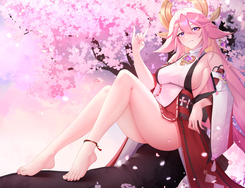 1girl absurdres animal_ears anklet bare_legs bare_shoulders barefoot branch breasts cherry_blossoms commentary detached_sleeves earrings english_commentary falling_petals feet floppy_ears fox_ears fox_girl genshin_impact hair_between_eyes hand_up highres in_tree japanese_clothes jewelry legs long_hair looking_at_viewer medium_breasts no_bra nontraditional_miko parted_lips petals pink_hair pink_nails purple_eyes sideboob sitting sitting_in_tree smile solo thaigermane toes tomoe_(symbol) tree vision_(genshin_impact) wide_sleeves yae_miko