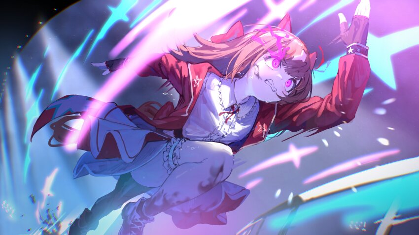 1girl absurdres animal_ears dress hair_ornament highres horse_ears horse_girl long_sleeves purple_eyes shirt solo yu_hydra