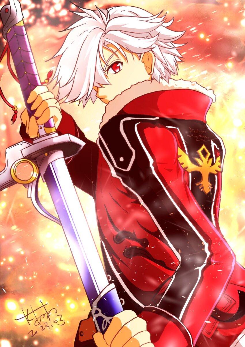 1boy akane_kazami blurry blurry_background commentary_request dated eiyuu_densetsu fur-trimmed_jacket fur_trim hair_over_one_eye highres holding holding_sword holding_weapon jacket looking_at_viewer looking_back male_focus official_alternate_eye_color official_alternate_hair_color rean_schwarzer red_eyes red_jacket sen_no_kiseki sen_no_kiseki_(series) sen_no_kiseki_ii sheath sheathed short_hair signature solo sword weapon white_hair
