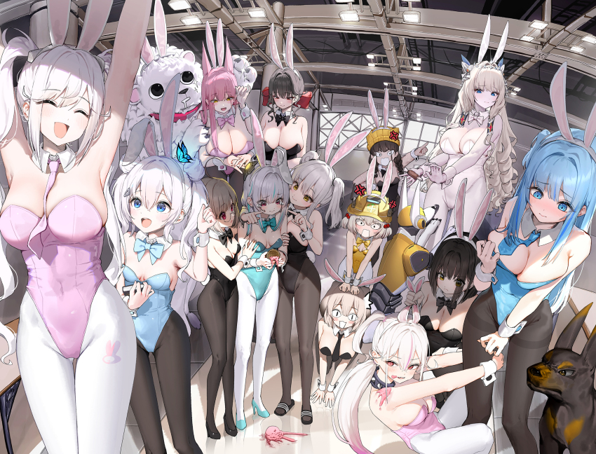 &lt;|&gt;_&lt;|&gt; 6+girls ^_^ admi_(nikke) alice_(nikke) all_fours alternate_costume animal_ears aqua_bow aqua_bowtie aqua_leotard armpits arms_up bare_shoulders belorta_(nikke) biscuit_(nikke) black_bow black_bowtie black_leotard black_necktie black_pantyhose blue_bow blue_bowtie blue_eyes blue_leotard bow bowtie breasts chime_(nikke) cleavage closed_eyes closed_mouth creator_connection crown_(nikke) dduck_kong detached_collar dog extra_ears fake_animal_ears food goddess_of_victory:_nikke grey_hair hair_ornament hard_hat helmet high_heels highleg highleg_leotard highres holding holding_ice_cream_cone ice_cream ice_cream_cone ice_cream_cone_spill indoors jackal_(nikke) large_breasts leona_(nikke) leotard lion liter_(nikke) looking_at_another looking_down milk_(nikke) multiple_girls multiple_views n102_(nikke) necktie non-humanoid_robot open_mouth pantyhose pink_bow pink_bowtie pink_hair pink_leotard pink_necktie playboy_bunny rabbit_ears red_eyes robot robot_animal robot_dog sakura_(nikke) shifty_(nikke) signal_(nikke) slippers smile standing timi_(nikke) twintails volt_(nikke) white_bow white_hair white_leotard white_pantyhose white_wrist_cuffs wrist_cuffs yellow_bow yellow_bowtie yellow_leotard