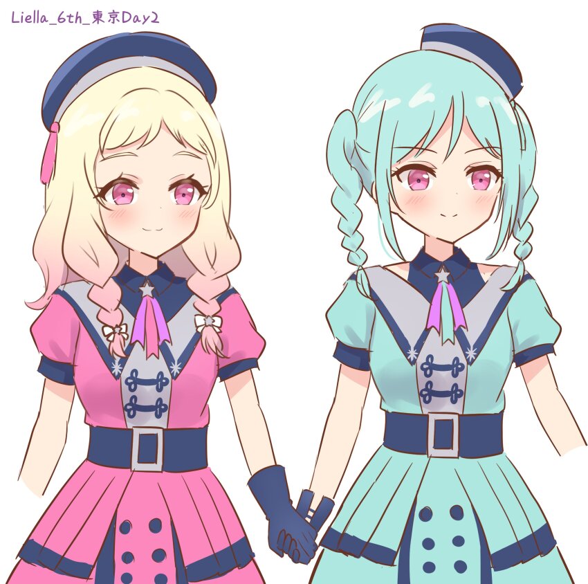 2girls :3 absurdres aqua_hair aqua_jacket aqua_skirt blonde_hair blue_gloves blue_hat blue_shirt blush bow braid braided_twintails breasts closed_mouth collared_shirt commentary_request cowboy_shot emori_aya gloves gradient_hair hair_bow hanazora_satsuki hat highres holding_hands jacket liella!_6th_lovelive!_tour_~let&#039;s_be_one~ lone_nape_hair long_hair love_live! love_live!_superstar!! low_twin_braids medium_breasts medium_hair multicolored_hair multiple_girls official_alternate_costume onitsuka_natsumi onitsuka_tomari pink_eyes pink_hair pink_jacket pink_skirt puffy_short_sleeves puffy_sleeves sakakura_sakura shirt short_sleeves siblings sidelocks simple_background sisters skirt sleeveless sleeveless_shirt smile split_mouth superstar!!_(love_live!) twin_braids voice_actor_connection white_background white_bow