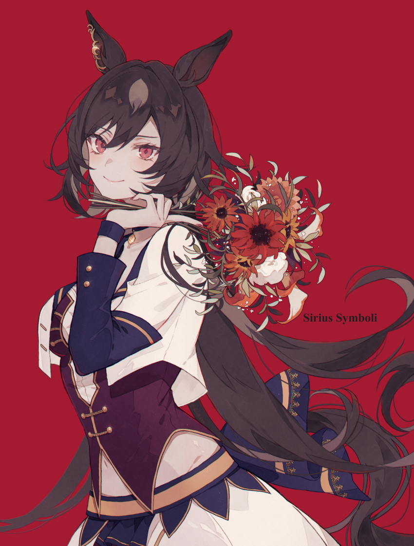 1girl animal_ears breasts brown_hair character_name choker cropped_jacket ear_covers flower hair_between_eyes highres holding holding_flower horse_ears horse_girl horse_tail light_brown_hair long_hair long_sleeves medium_breasts multicolored_hair navel over_shoulder red_background red_eyes red_flower satsuki_(miicat) simple_background single_ear_cover sirius_symboli_(umamusume) skirt smile solo starting_future_(umamusume) tail two-tone_hair umamusume white_flower wrist_straps