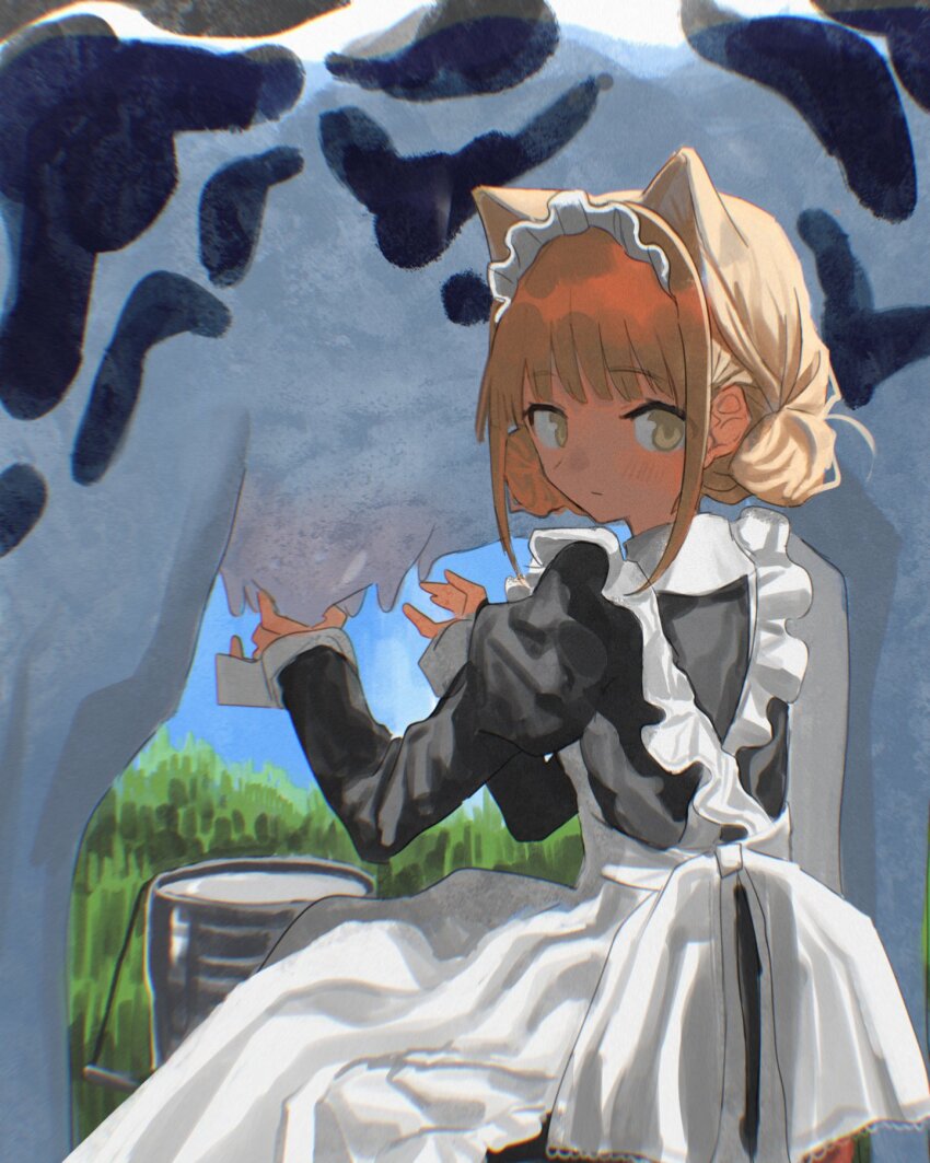 1984_(cw1000110) 1girl animal_ears apron blonde_hair blue_sky blush bucket cat_ears character_request copyright_request cow cowboy_shot double_bun expressionless extra_ears grass hair_bun hand_milking highres maid maid_apron medium_hair milk milking_cow original outdoors sitting sky udder yellow_eyes