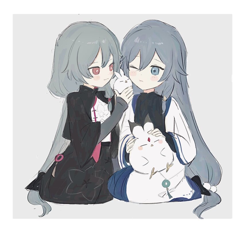 2girls black_jacket black_shirt black_skirt black_socks blue_eyes border commentary fu_hua herrscher_of_sentience grey_background grey_hair hair_bobbles hair_ornament hashtag-only_commentary highres holding honkai_(series) honkai_impact_3rd jacket jingwei_(bird) long_hair low-tied_long_hair multiple_girls one_eye_closed red_eyes shirt sitting skirt socks tya_tya_3rd very_long_hair white_border white_jacket white_shirt
