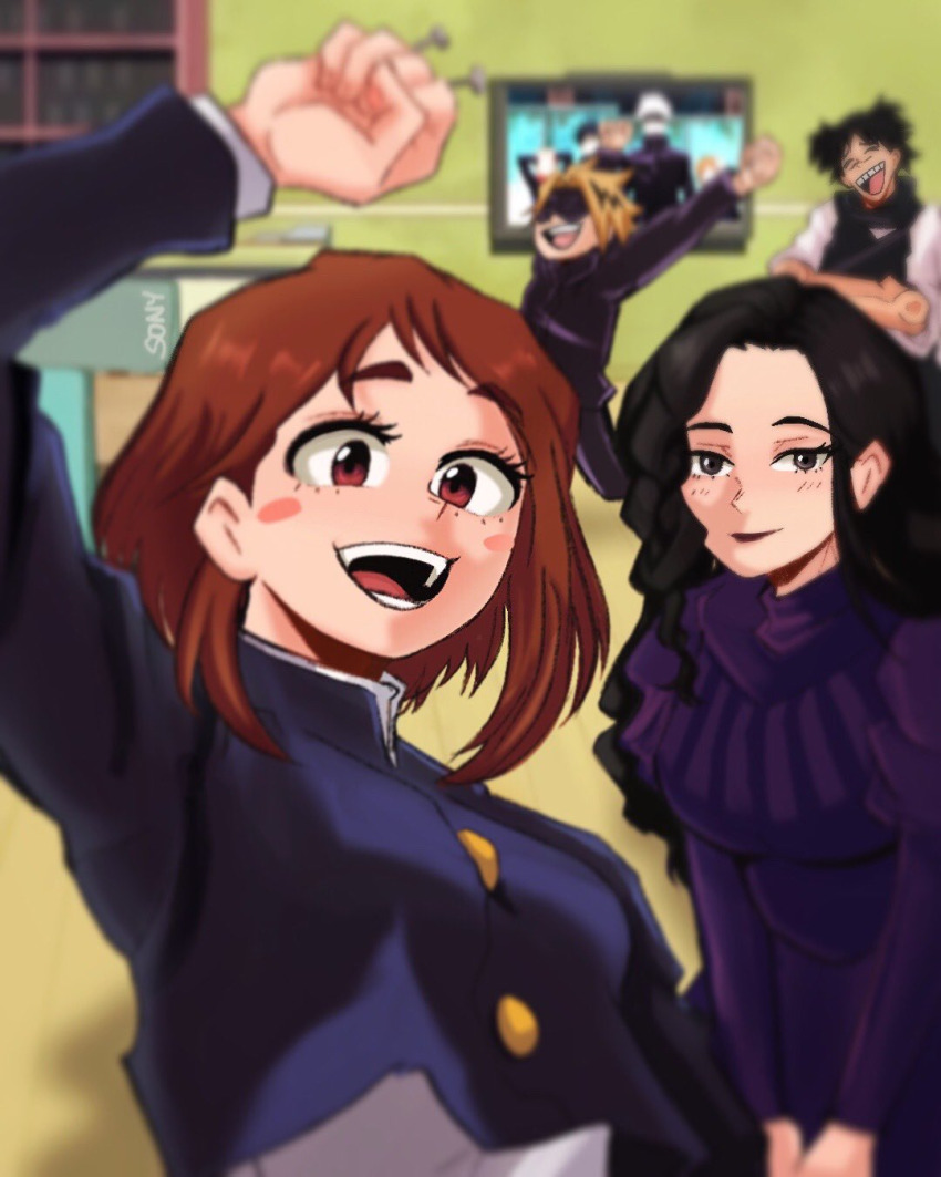 2boys 2girls blindfold blonde_hair boku_no_hero_academia breasts brown_hair choso_(jujutsu_kaisen) choso_(jujutsu_kaisen)_(cosplay) closed_eyes cosplay dimples dress eyelashes gojou_satoru gojou_satoru_(cosplay) gsony24 highres jujutsu_kaisen kaminari_denki kugisaki_nobara kugisaki_nobara_(cosplay) large_breasts looking_at_viewer medium_hair mei_mei_(jujutsu_kaisen) mei_mei_(jujutsu_kaisen)_(cosplay) multiple_boys multiple_girls nail_(hardware) sero_hanta teeth uraraka_ochako yaoyorozu_momo