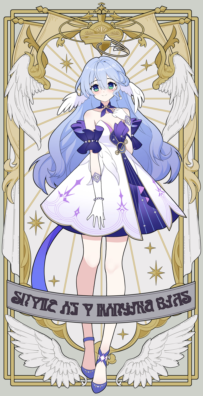 1girl absurdres asymmetrical_footwear asymmetrical_gloves bare_shoulders blue_hair blush breasts commentary_request detached_sleeves dress elbow_gloves feathered_wings ff2074 full_body gloves green_eyes hair_between_eyes halo hand_up head_wings highres honkai:_star_rail honkai_(series) jewel_under_eye long_hair looking_at_viewer mismatched_footwear musical_note purple_dress purple_footwear purple_sleeves robin_(honkai:_star_rail) short_sleeves single_elbow_glove sleeveless sleeveless_dress smile solo standing translation_request two-tone_dress uneven_gloves white_dress white_gloves white_wings wings