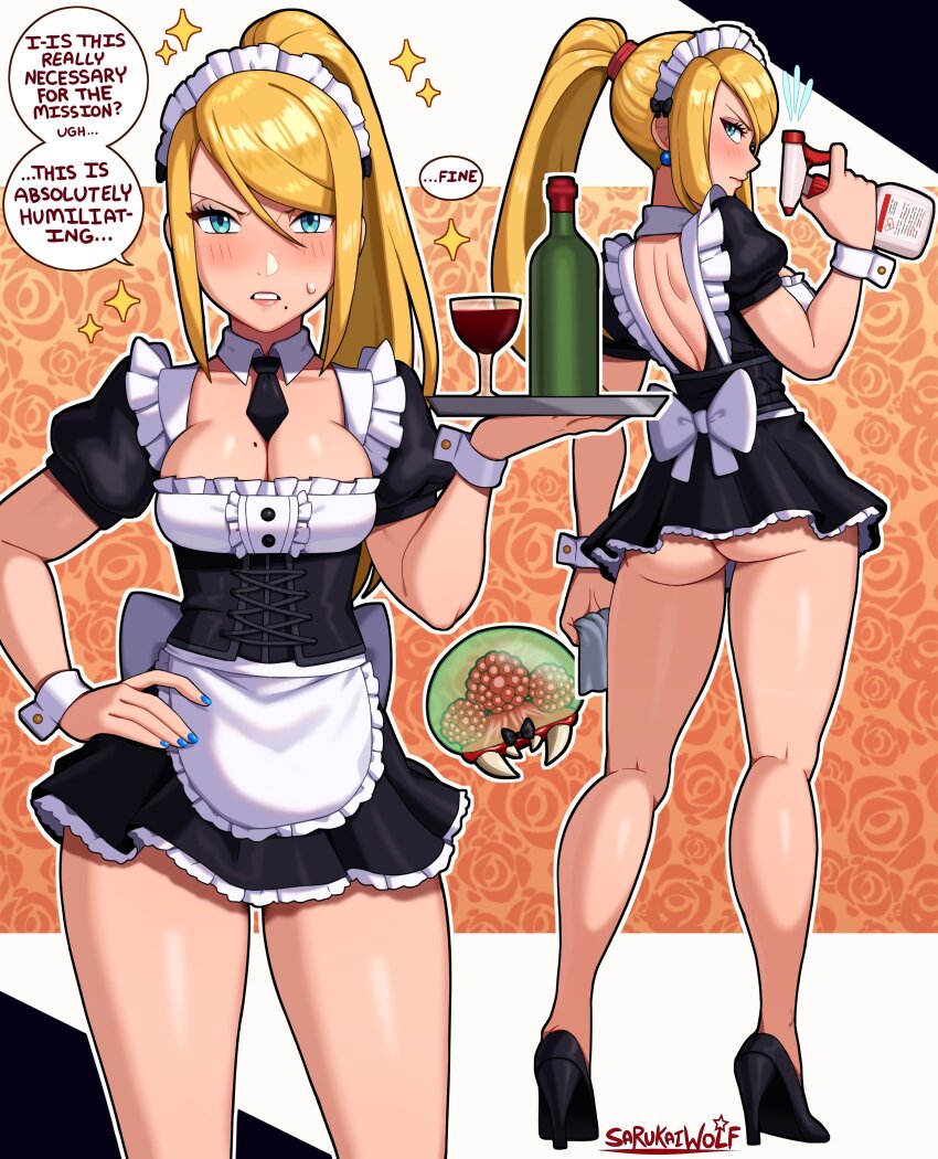 1girl absurdres apron ass blonde_hair blue_eyes blush breasts highres holding large_breasts long_hair looking_at_viewer maid maid_apron maid_headdress metroid metroid_(creature) mole mole_under_mouth nail_polish nintendo ponytail samus_aran sarukaiwolf