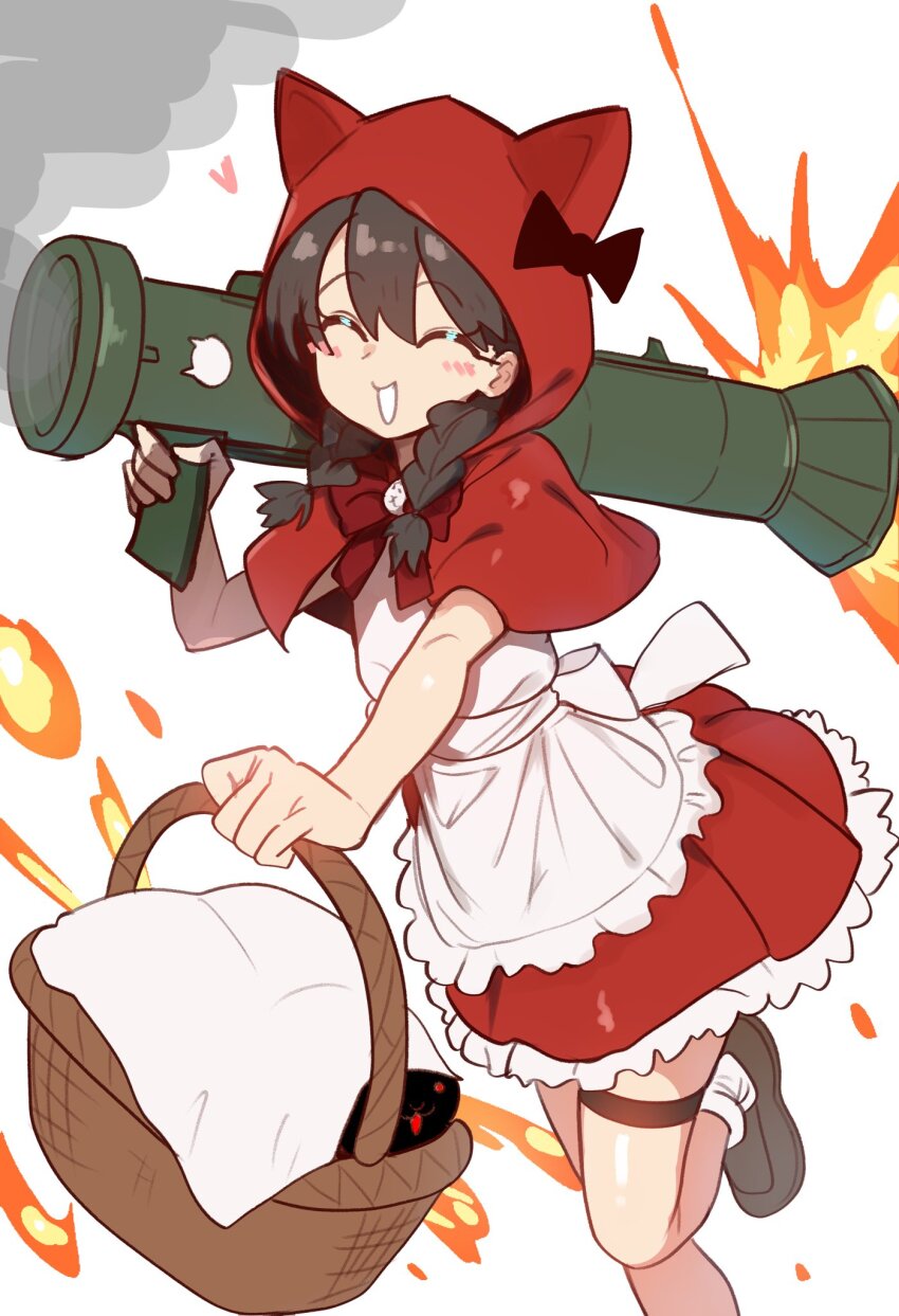 1girl ^_^ animal_ear_hood animal_ears apron basket blush braid brown_hair brown_shoes capelet cat_(nyanko_daisensou) cat_ears closed_eyes commentary dress ebora english_commentary facing_viewer fake_animal_ears heart highres holding holding_basket hood hooded_capelet m1_bazooka medium_hair minya_(nyanko_daisensou) nyanko_daisensou open_mouth rocket_launcher running shoes sleeveless sleeveless_dress smile socks solo thigh_strap twin_braids weapon white_socks