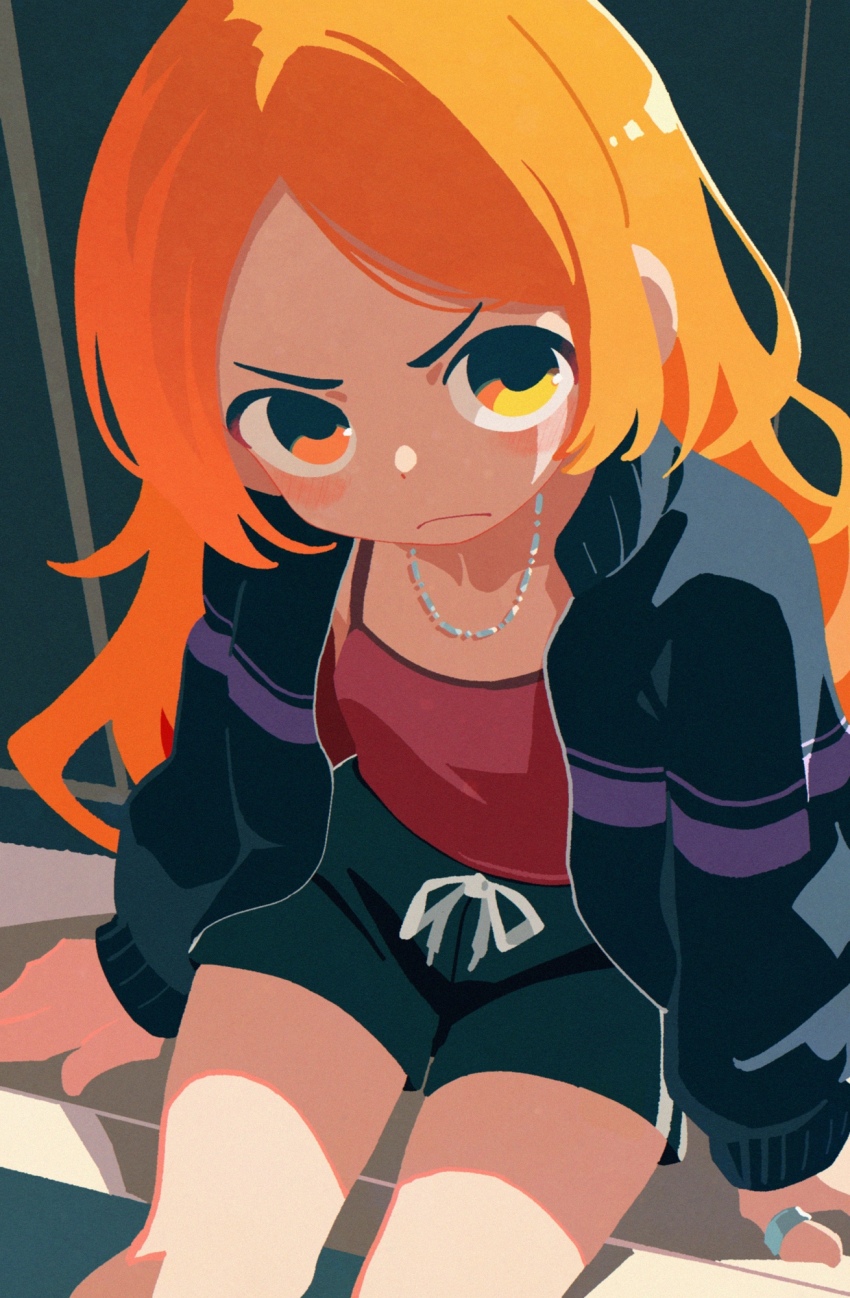 1girl angry bench highres jacket jewelry long_hair looking_at_viewer necklace orange_eyes orange_hair original ring shorts sitting solo takarai_shunsuke tank_top v-shaped_eyebrows