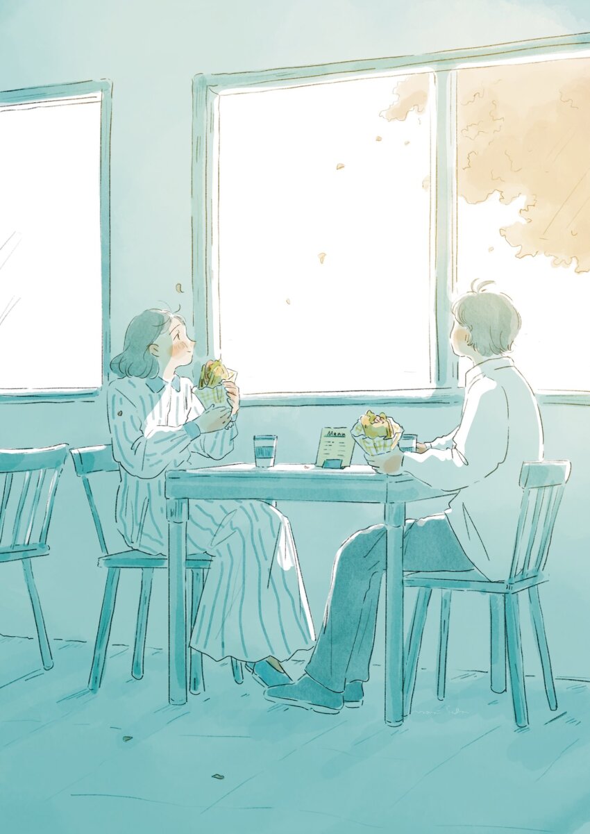 1boy 1girl autumn_leaves chair cup disposable_cup dress falling_leaves food grey_hair highres holding holding_food indoors leaf looking_outside menu original pants pinstripe_dress pinstripe_pattern shoes sitting table window yayoi_seki