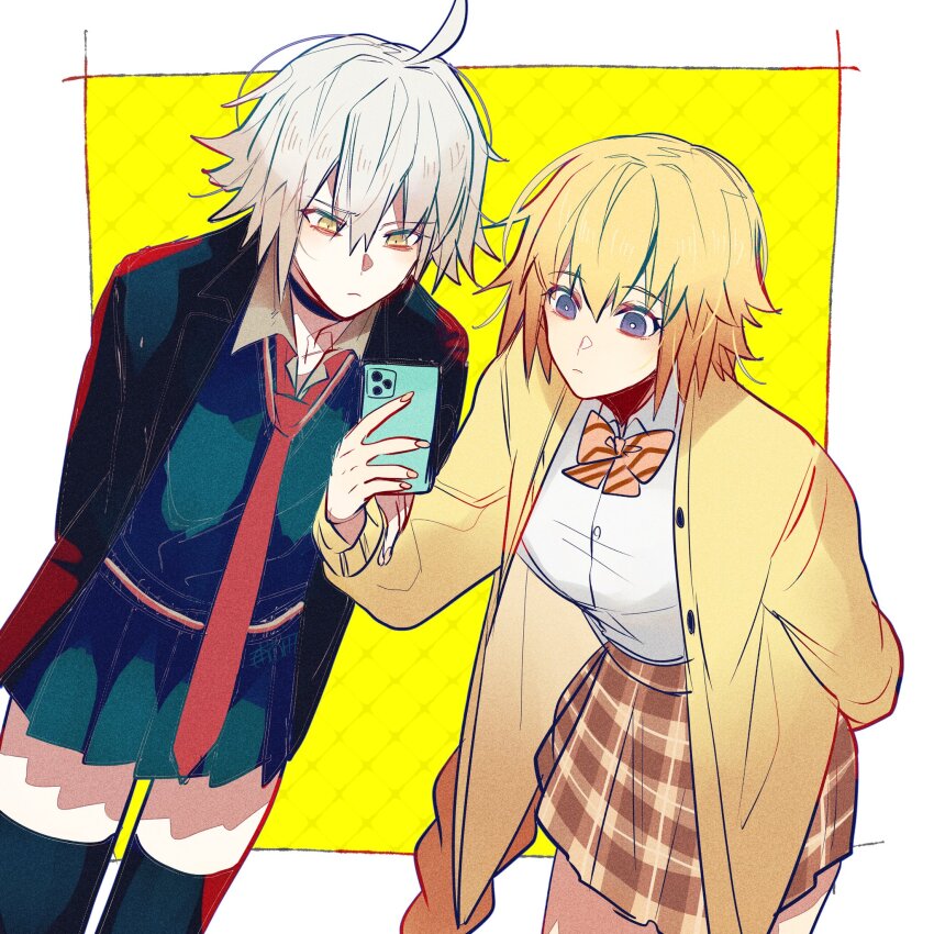 2girls arms_behind_back blonde_hair bow bowtie braid choker cowboy_shot fate/grand_order fate_(series) grey_hair hair_between_eyes highres holding holding_phone jeanne_d&#039;arc_(fate) jeanne_d&#039;arc_alter_(avenger)_(fate) jeanne_d&#039;arc_alter_(fate) long_hair long_sleeves looking_at_phone miniskirt multiple_girls necktie phone purple_eyes short_hair skirt thighhighs u_5ham0 very_long_hair yellow_eyes