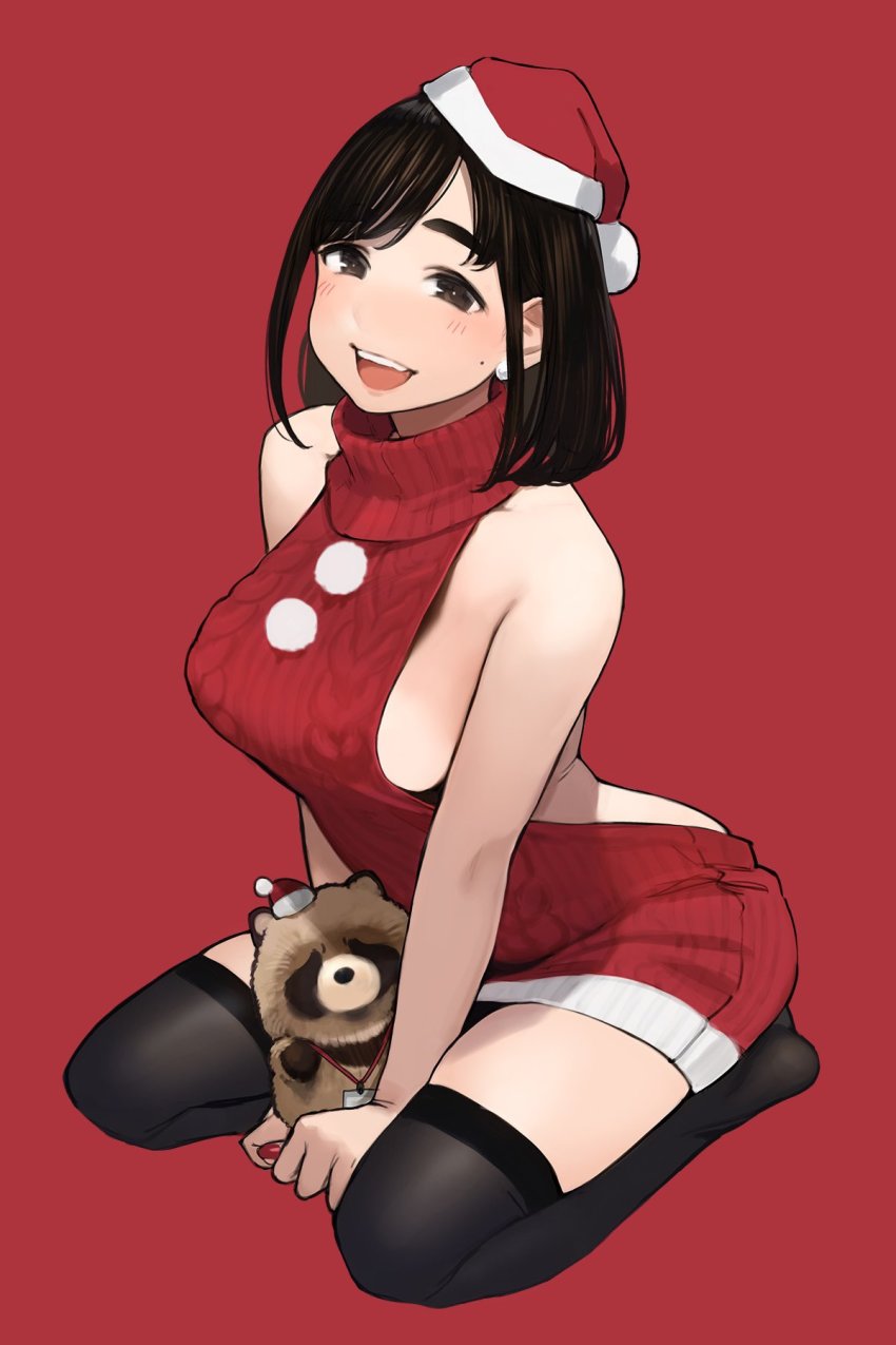 1girl bad_id bad_twitter_id black_thighhighs blush breasts brown_eyes brown_hair commentary_request ganbare_douki-chan hat highres id_card kouhai-chan_(douki-chan) large_breasts looking_at_viewer meme_attire mole mole_on_cheek open_mouth raccoon red_background round_teeth santa_hat short_hair sideboob sitting smile teeth thighhighs two-tone_sweater virgin_killer_sweater wariza yomu_(sgt_epper)