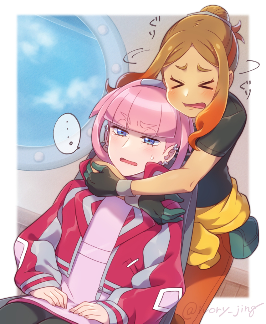 &gt;_&lt; ... 2girls artist_name blue_eyes brown_hair closed_eyes day gloves highres hug hug_from_behind indoors ivory_(25680nico) jacket long_hair medium_hair mollie_(pokemon) multiple_girls nintendo open_mouth orla_(pokemon) pants pantyhose pink_hair pokemon pokemon_(anime) pokemon_horizons pouch shirt spoken_ellipsis t-shirt window yuri
