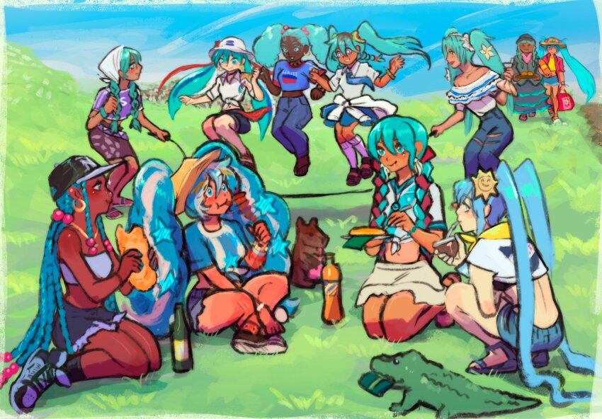 6+girls annotated aqua_hair bandeau bare_shoulders black_footwear black_hair black_socks blue_footwear blue_necktie blue_pants blue_ribbon blue_shorts blue_sky bolivia braid capybara colombia colombian_miku costa_rica costa_rican_flag costa_rican_flag_print crocodile crocodilian dark-skinned_female dark_skin denim dominican_republic earrings el_salvador flower food grass grey_bandeau guatemala hair_flower hair_ornament haiti hat hatsune_miku highres holding holding_food honduras hoop_earrings indian_style jeans jewelry jump_rope jumping long_hair midriff multicolored_hair multiple_girls navel necklace necktie nicaragua off-shoulder_shirt off_shoulder outdoors pants print_headwear print_shirt profile purple_shirt red_ribbon ribbon ribbon_braid sandals shirt shirt_tucked_in shoes shorts sitting skewer sky socks squatting standing star_(symbol) star_hair_ornament streaked_hair tied_shirt torn_clothes torn_jeans torn_pants twin_braids twintails two-tone_hair uruguay uruguayan_miku very_long_hair vocaloid white_flower white_hair white_socks worldwide_miku yellow_hat yokusehikari