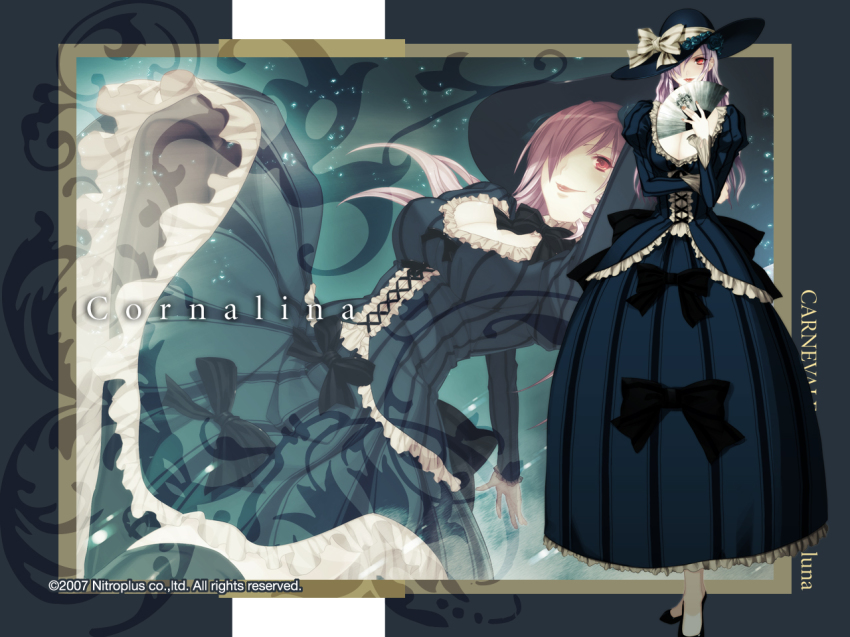 1girl bow breasts cleavage cornalina dress female_focus folding_fan frills gekkou_no_carnevale hair_over_one_eye hand_fan hat long_hair medium_breasts nitroplus oosaki_shin&#039;ya pink_eyes purple_hair solo