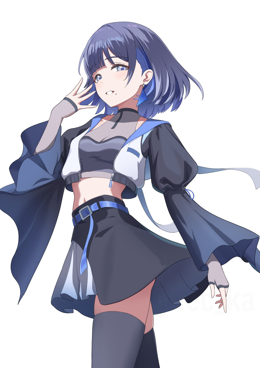 1girl absurdres belt black_jacket black_skirt black_thighhighs blue_belt blue_eyes blue_hair blue_shirt breasts crop_top earrings fingerless_gloves gakuen_idolmaster gloves hand_up hataya_misuzu highres idolmaster jacket jewelry long_sleeves looking_at_viewer midriff mole mole_under_mouth open_clothes open_jacket shirt short_hair simple_background skirt small_breasts solo thighhighs vec_ka white_background wide_sleeves