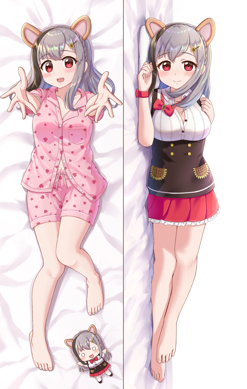 1girl :d animal_ears barefoot bed_sheet black_hair blush bracelet breasts closed_mouth dakimakura_(medium) extra_ears grey_hair hamster_ears heart heart_print highres indie_virtual_youtuber jewelry kirara_mimi lilium443 looking_at_viewer lying multicolored_hair multiple_views on_back on_side open_mouth outstretched_arms pajamas pillow red_eyes red_skirt shirt skirt smile streaked_hair toes virtual_youtuber white_shirt