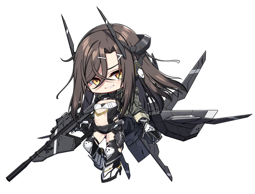 1girl absurdres aircraft bandeau black_gloves black_shorts brown_hair chibi chibi_only christina_brecht counter:side crossed_bangs full_body gloves gun hair_ornament headpiece highres holding holding_gun holding_weapon jacket knee_pads leg_up long_hair looking_at_viewer navel orange_eyes parted_bangs rifle scope shorts simple_background smirk solo thighhighs transparent_background wbs weapon x_hair_ornament