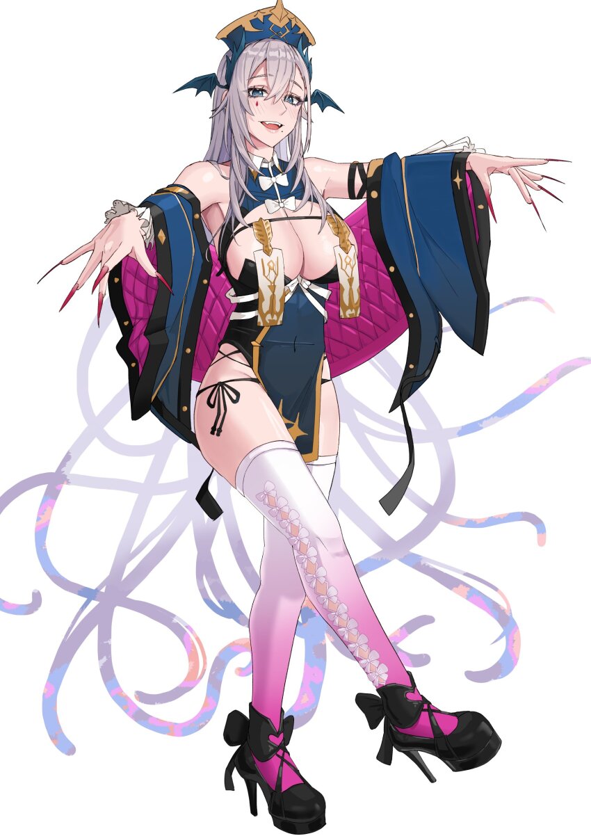 1girl absurdres black_footwear black_leotard blue_eyes bow breasts bright_pupils cleavage covered_navel fingernails gradient_thighhighs grey_hair head_wings high_heels highres horizontal_pupils indie_virtual_youtuber kuon_bb large_breasts leotard long_fingernails long_hair mole mole_under_mouth open_mouth panties pelvic_curtain pink_thighhighs pochimaru_(vtuber) red_nails sharp_fingernails side-tie_panties solo teardrop_facial_mark tentacle_hair thighhighs underwear virtual_youtuber white_bow white_pupils white_thighhighs wide_sleeves wings