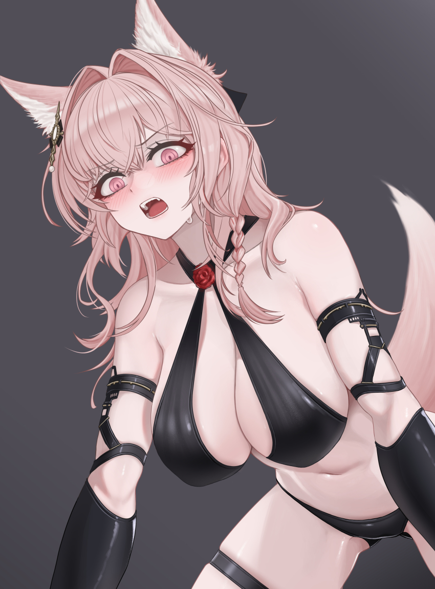1girl absurdres animal_ears arknights arm_strap bikini black_bikini black_gloves blush braid breasts commentary gloves grey_background hair_intakes hair_ornament halterneck highres large_breasts long_hair looking_at_viewer mildt navel open_mouth pink_eyes pink_hair pozyomka_(arknights) simple_background solo stomach swimsuit tail thigh_strap thighs very_long_hair wolf_ears wolf_tail
