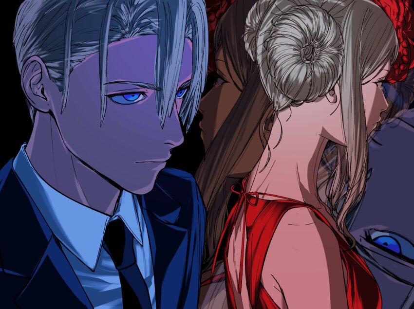 1boy 1girl alternate_costume alternate_hairstyle amikoiiko backless_dress backless_outfit beads black_background blonde_hair blue_eyes blue_necktie blue_suit closed_mouth collarbone collared_shirt commentary_request cosplay dimitri_alexandre_blaiddyd donut_hair_bun dress dress_ribbon edelgard_von_hresvelg facing_away facing_to_the_side fascinator fire_emblem fire_emblem:_three_houses flower formal_clothes from_side hair_between_eyes hair_bun highres jacket lapels lone_nape_hair long_hair long_sidelocks median_furrow necktie nintendo notched_lapels profile red_dress red_flower shiina_ringo shirt short_hair sidelocks simple_background sleeveless sleeveless_dress sternocleidomastoid_muscle suit suit_jacket tokyo_jihen wavy_sidelocks white_hair zoom_layer