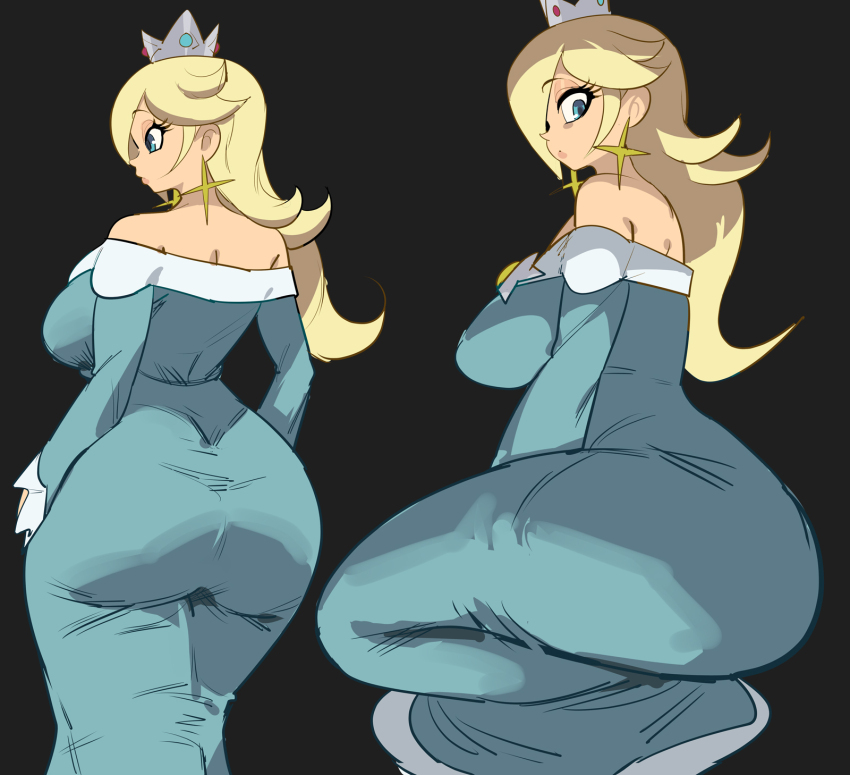 1girl aqua_dress ass blonde_hair blue_eyes breasts crown dress earrings from_behind from_side hair_over_one_eye highres huge_ass jewelry large_breasts long_hair mario_(series) mini_crown multiple_views nintendo rosalina star_(symbol) star_earrings yuta_agc