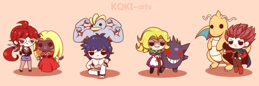 2boys 2girls agatha_(pokemon) ahoge apron artist_name barefoot black_footwear black_shirt blonde_hair blue_cape blue_hair blue_skirt blush blush_stickers brown_pants bruno_(pokemon) cane cape chibi closed_mouth collared_shirt dragon dragonite dress evil_grin evil_smile full_body gen_1_pokemon gengar grin half-closed_eyes hand_on_own_knee holding holding_cane holding_poke_ball jacket jynx koki_arts lance_(pokemon) long_hair lorelei_(pokemon) machamp medium_hair multiple_boys multiple_girls nintendo open_clothes open_jacket open_mouth outstretched_arm pants partially_shaded_face pink_background poke_ball poke_ball_(basic) pokemon pokemon_(creature) pokemon_lgpe ponytail purple_dress red_dress red_eyes red_footwear red_hair red_jacket shirt simple_background sitting skirt smile spiked_hair standing teeth toned toned_male topless_male v-shaped_eyes white_apron white_pants