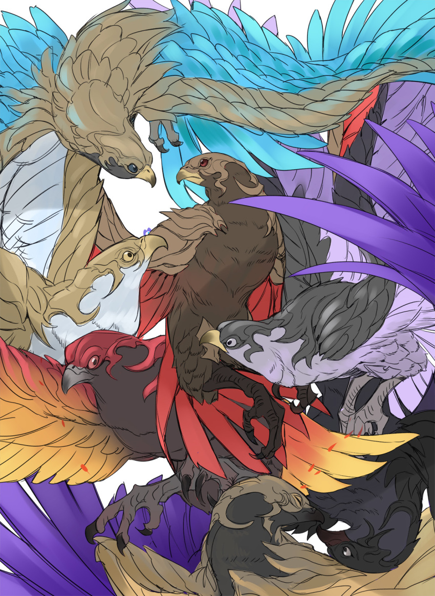 88_(h_rock_88) animal_focus beak bird blue_eyes blue_feathers dark_lanner demonic_lanner feathered_wings feathers final_fantasy final_fantasy_xiv grey_eyes highres no_humans purple_feathers red_eyes red_feathers rose_lanner round_lanner sophic_lanner talons too_many too_many_birds warring_lanner white_background white_feathers white_lanner wings yellow_eyes yellow_feathers