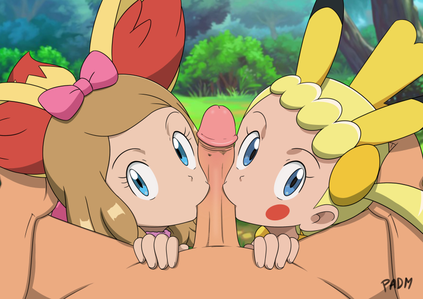 1boy 2girls absurdres animal_ears blonde_hair blue_eyes bonnie_(pokemon) brown_hair cooperative_fellatio cosplay creatures_(company) fellatio fennekin fennekin_(cosplay) forest game_freak gen_1_pokemon gen_6_pokemon grass hetero highres looking_at_viewer multiple_girls nature nintendo olm_(studio) oral outdoors padm penis pikachu pikachu_(cosplay) pikachu_ears pikachu_tail pokemon pokemon_(anime) pokemon_tail pokemon_xy_(anime) serena_(pokemon) tail teamwork_(sexual) uncensored
