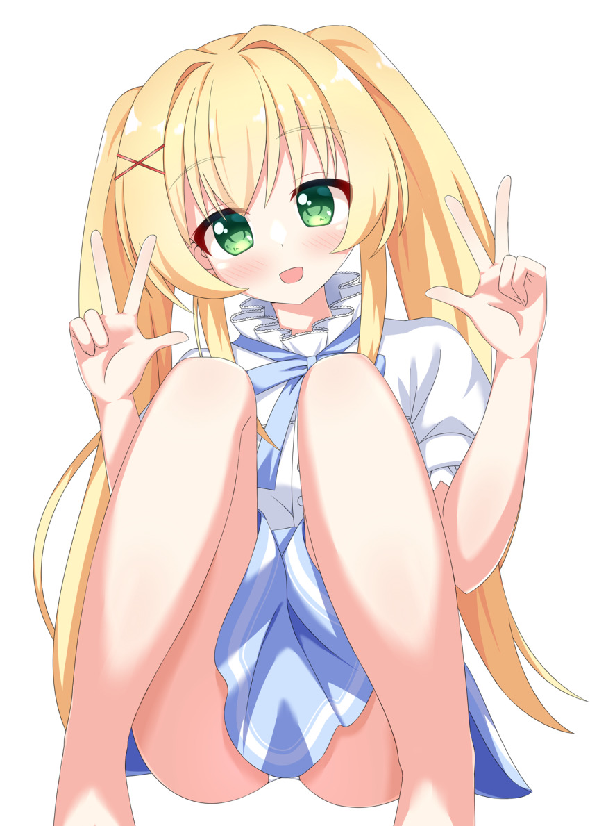 1girl :d blonde_hair blue_bow blue_bowtie blue_skirt blush bow bowtie commentary double_v eyes_visible_through_hair feet_out_of_frame green_eyes hair_between_eyes hair_intakes hair_ornament hands_up head_tilt highres knees_up long_hair looking_at_viewer official_alternate_costume open_mouth panties panty_peek puffy_short_sleeves puffy_sleeves shirt short_sleeves sidelocks simple_background sitting skirt smile solo summer_pockets tsumugi_wenders twintails underwear v very_long_hair white_background white_panties white_shirt wistar1as x_hair_ornament