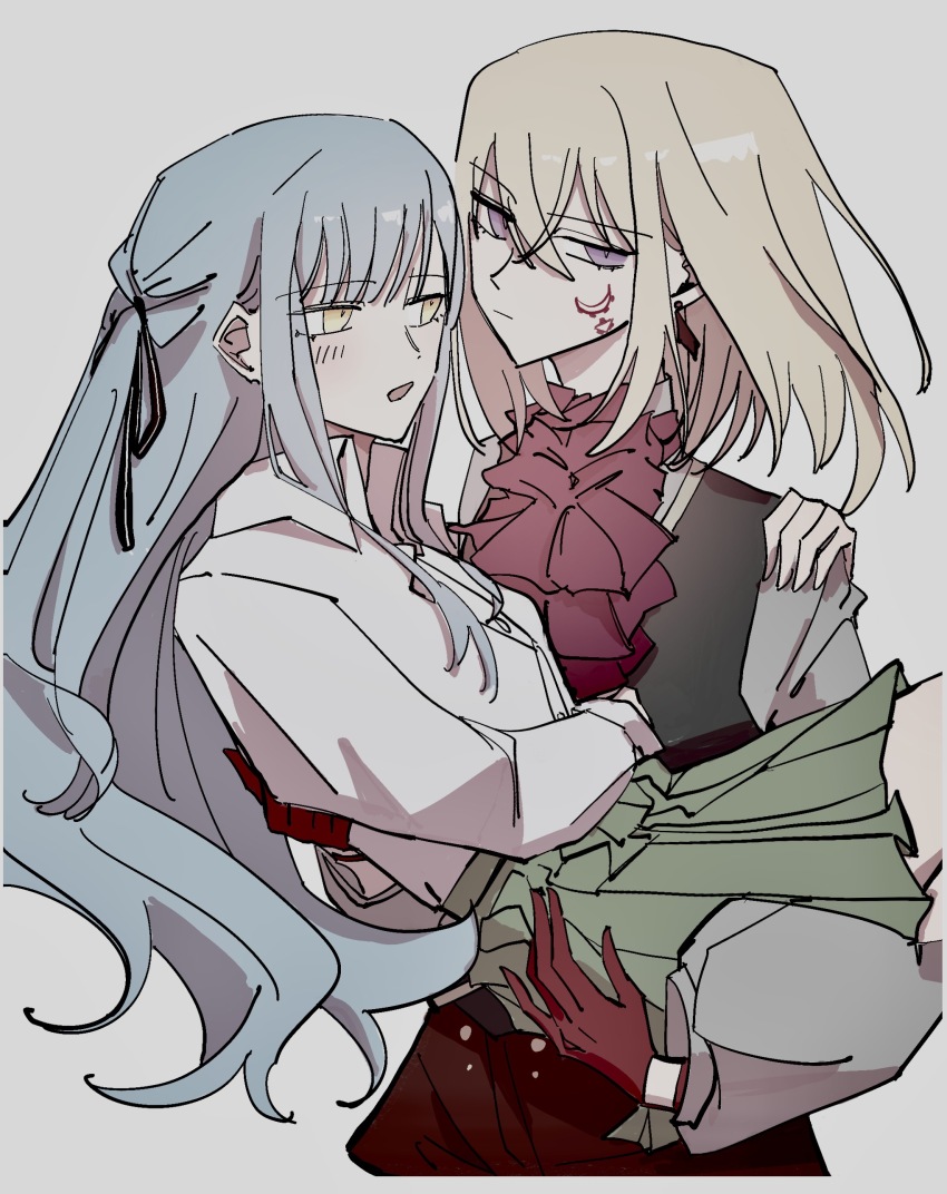 2girls absurdres aver_(yumenokessho) bang_dream! bang_dream!_it&#039;s_mygo!!!!! blonde_hair blue_hair blush breasts carrying chinese_commentary commentary_request doloris_(bang_dream!) earrings gloves green_skirt haneoka_school_uniform highres jewelry kira_reader long_hair medium_breasts misumi_uika multiple_girls open_mouth pleated_skirt princess_carry purple_eyes red_gloves school_uniform shirt sidelocks skirt togawa_sakiko white_shirt yellow_eyes yumenokessho