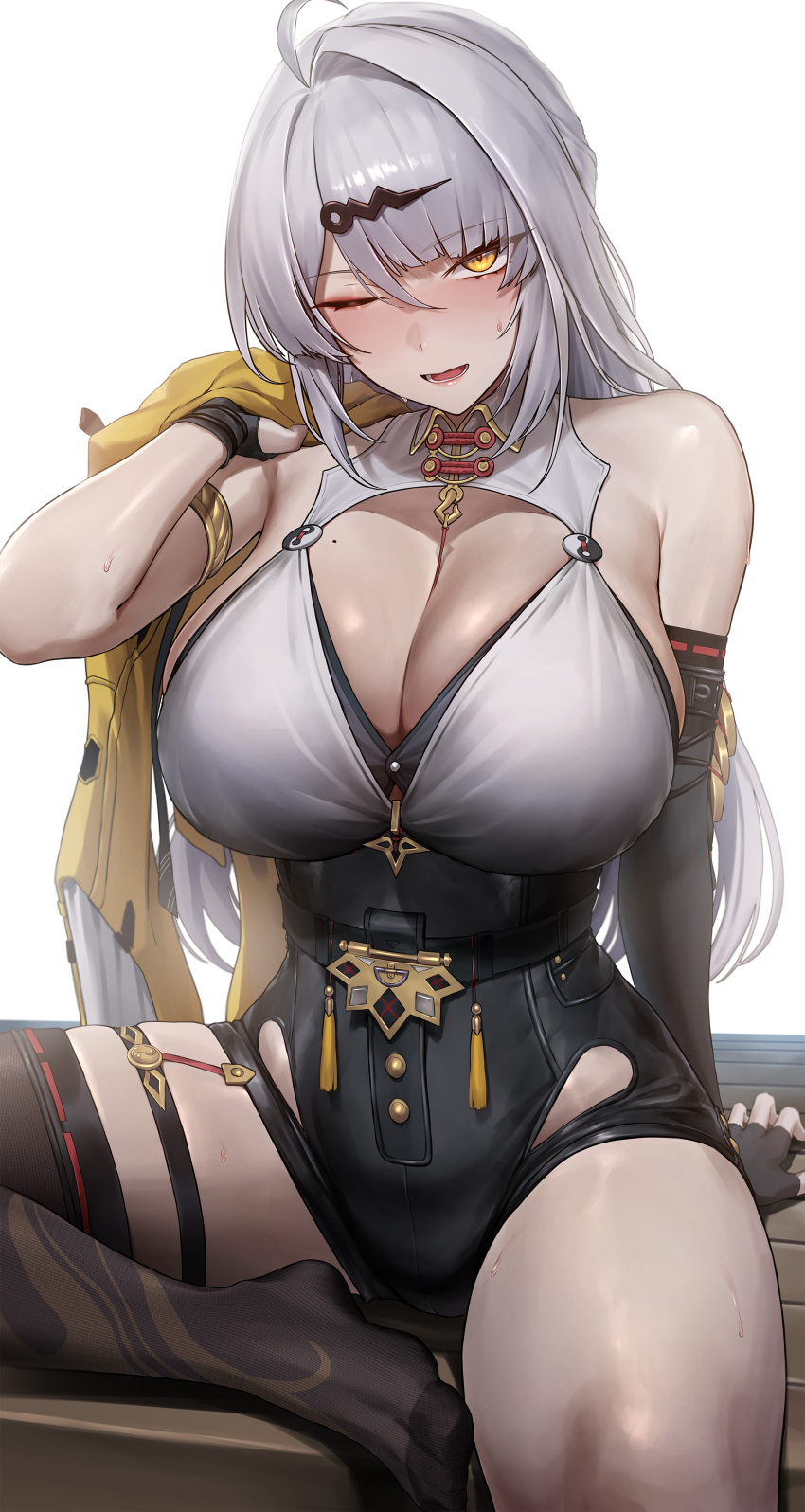 1girl absurdres asymmetrical_gloves bare_shoulders black_gloves black_shorts black_thighhighs blush breasts cleavage collar duplicate elbow_gloves gloves grey_hair high-waist_shorts highres holding holding_jacket holding_unworn_clothes huge_breasts jacket looking_at_viewer mole mole_on_breast monegi no_shoes one_eye_closed pixel-perfect_duplicate shirt shorts simple_background single_elbow_glove single_hair_intake single_thighhigh solo sweat thighhighs thighs uneven_gloves unworn_jacket white_background white_collar white_shirt yellow_eyes yellow_jacket yixuan_(zenless_zone_zero) zenless_zone_zero